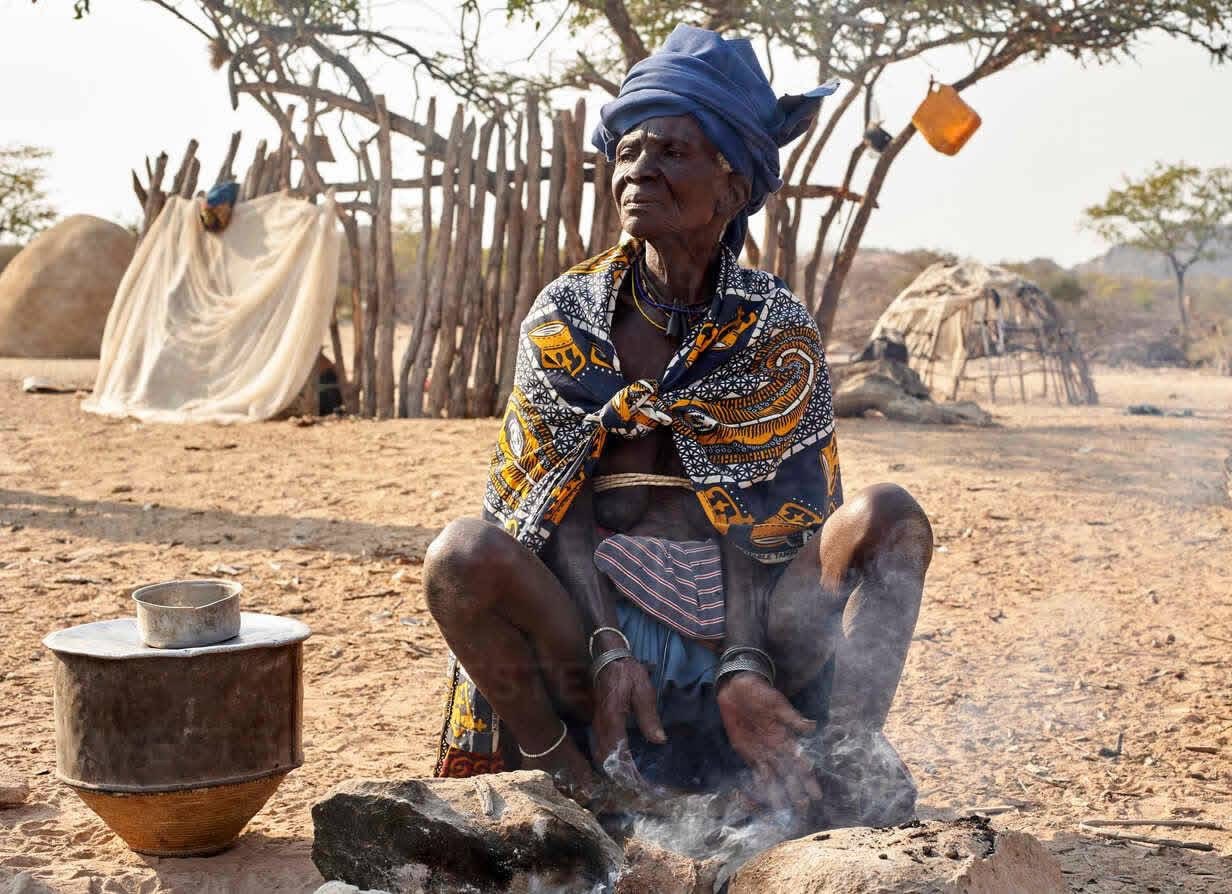 Woman seated at a village cooking fire