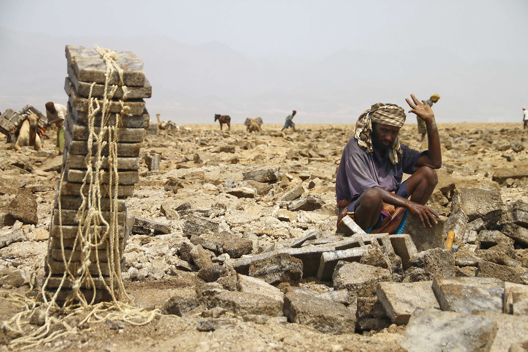 Salt miners at work in the Danakil