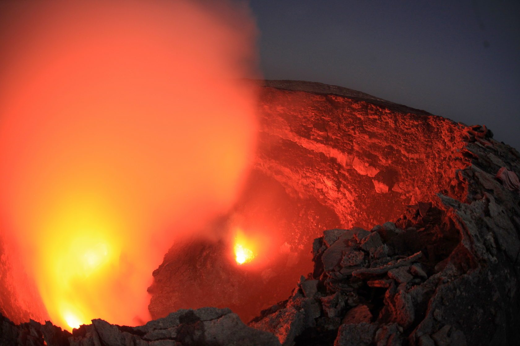 Crater of an active volcano at dusk