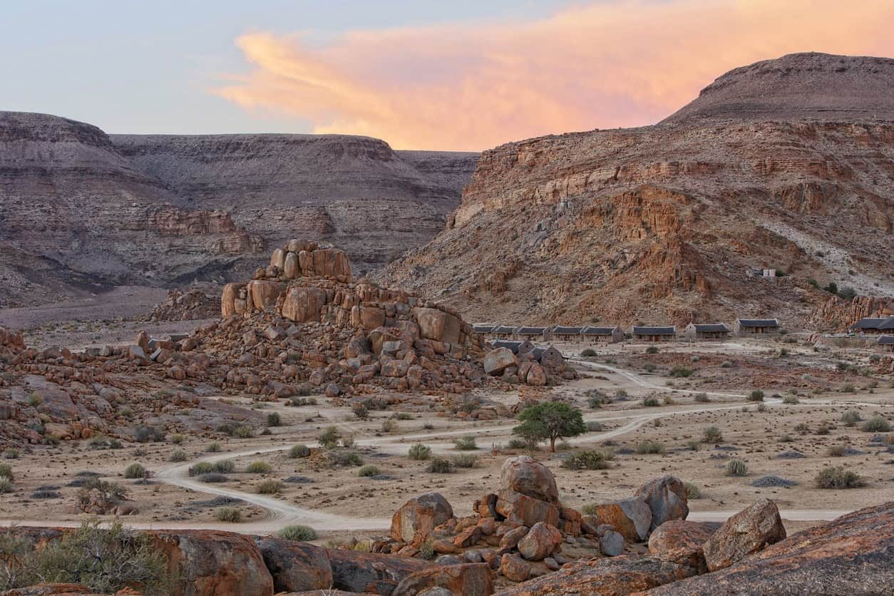 Rocky desert hills at sunset