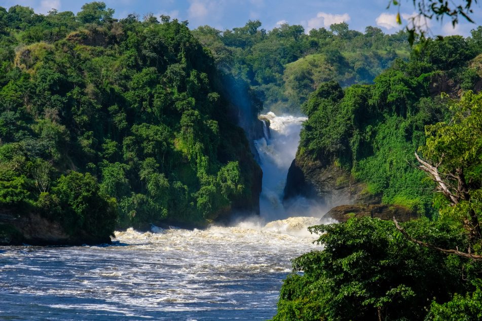 Waterfall pouring into a river gorge
